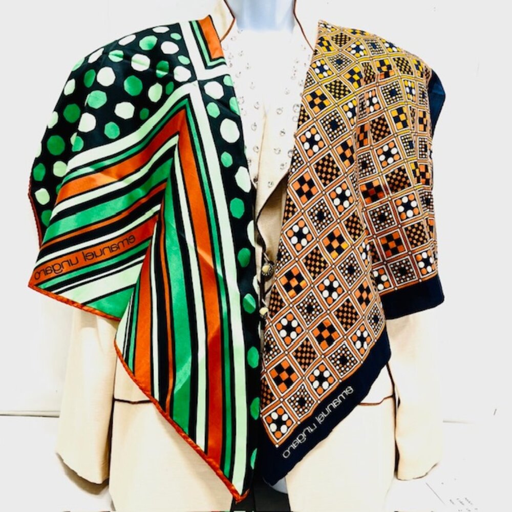 (2) Emanuel Ungaro Paris Scarfs 100% Silk 27" Green stripe Blue Orange Dot (27 - Picture 5 of 16